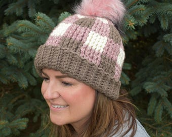 Plaid Perfection - Chunky Winter Buffalo Check Hat for Adult medium/large size 22-23 inch. Made from soft thick yarn. Ready to ship.