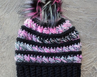 Winter Hat fits teen/adult woman's average size head (21-22.5inch). READY TO SHIP. Super soft yarn. Wear with or without a pom.