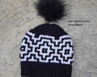 Crochet Mosaic hat - READY TO SHIP. Perfect for Fall/Winter Days. Fits teen/adult women average size 20-22.5 inch head. Color Black.