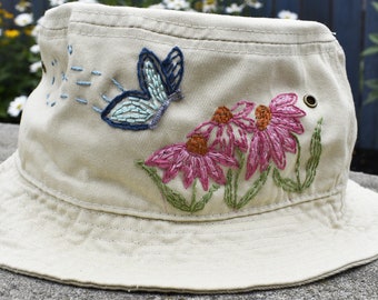 Floral Butterfly Design Bucket hat, Hand Embroidered - Ready To Ship - size L/XL - Light Beige fitted bucket hat  - 100% cotton