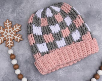 Plaid Perfection - Chunky Winter Buffalo Check Hat for Teen to Adult small/medium size 20-22 inch. Made from soft thick yarn. Ready to ship.