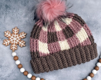 Plaid Perfection - Chunky Winter Buffalo Check Hat for Adult medium/large size 22-23 inch. Made from soft thick yarn. Ready to ship.