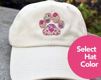 Hand Embroidered Paw Print Hat Floral Design - HANDMADE TO ORDER - Many Hat Colors to Choose From - Cotton Adjustable Hat - Dog Lover Gift