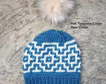 Crochet Mosaic hat - READY TO SHIP. Perfect for Fall/Winter Days. Fits teen/adult women average size 20-22.5 inch head. Color Turquoise.