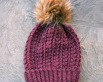 Snowy Wheat Winter Beanie. Super soft & perfect for winter time. Fits teen/adult women average 21-23 in. Winter Hat for women. Cranberry