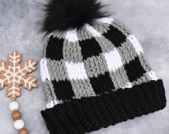 Plaid Perfection - Chunky Winter Buffalo Check Plaid Hats for Teens/Adults Made from soft and thick yarn perfect for fall or winter time.