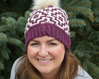 Crochet Mosaic hat - READY TO SHIP. Lightweight - Perfect for cool Fall/Winter Days. Fits teen/adult women large 23-24 inch head. Color Fig.