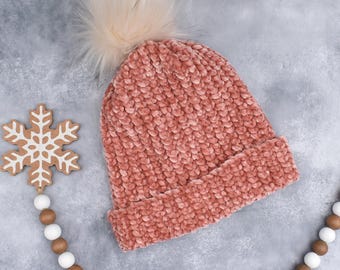 Faux Velvet Beanie. Super soft & thick perfect for winter time. Terracotta Rose. READY TO SHIP. Fits teen/adult women average 20-22.5 in.