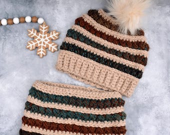 Hat/Cowl Set fits women medium/large size head 21-23.5 inches. Soft Acrylic for winter time. READY TO SHIP. Color: taupe/blue,rust & gold