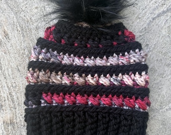 Winter Hat fits average size teen to adult woman's head (up to 23"). READY TO SHIP. Super soft yarn. Wear with or without a pom. Crocheted.
