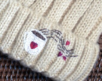 Winter hat, hand embroidered Hearts, Floral Moon Design or Coffee Love - Thick Ribbed Faux Fur Pom Ivory Beanie - Gift for her - fits S-M