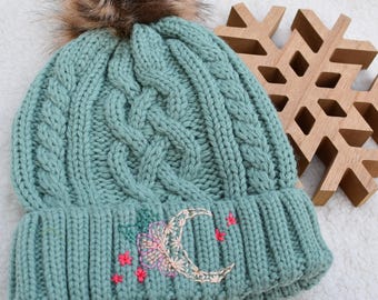 Winter hat, hand embroidered Boho Floral Moon Design, Thick Cable Knit Cuffed Beanie with faux fur pom - Gift for her - fits S-M