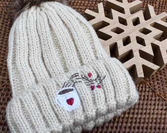 Winter hat, hand embroidered Coffee Lover - Thick Ribbed Faux Fur Pom Ivory Beanie - Gift for her - fits S-M