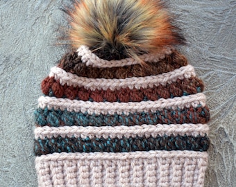 Winter Hat fits adult woman's large (23-24inch). READY TO SHIP. Super soft yarn. Wear with or without a pom.
