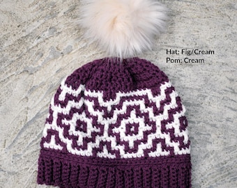 Crochet Mosaic hat - READY TO SHIP. Perfect for Fall/Winter Days. Fits teen/adult women medium/large 22.5-24 inch head. Color Fig.