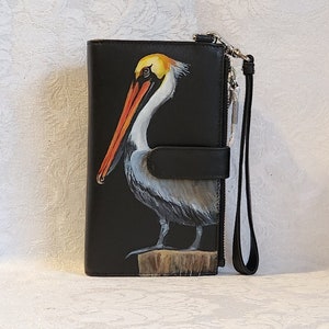 Leather Phone Wristlet Wallet with Hand Painted Portrait of Veronica the Pelican
