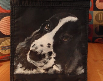 Lunch Bag - Hand Painted 'Karma' a B&W Springer Spaniel on Black Nylon Insulated Lunch Bag