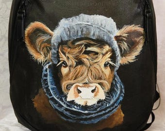 Hand Painted Sherpani Avalon Backpack Daypack with Hand Painted Portrait of Grace a Highland Calf