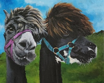 Irish Collection Original Acrylic Painting of Alpacas, 'Benjy & Cub' 12"x 12" Cotton Canvas with 1.5" Cradle Includes Hanging Hardware