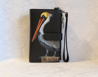 Custom Painted Leather Phone Wallet Wristlet with YOUR pet's portrait