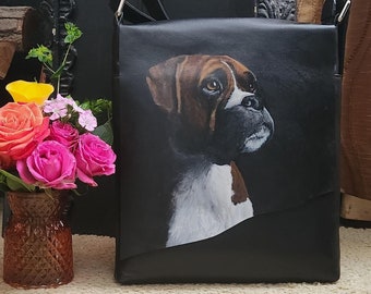 Leather Crossbody Purse Tablet iPad Bag with Eddie the Boxer hand painted