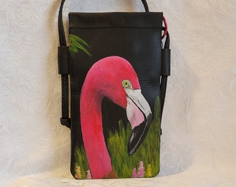 Smartphone Crossbody Bag Madewell Leather Phone Bag Hand Painted with a Portrait of Frederico the Flamingo