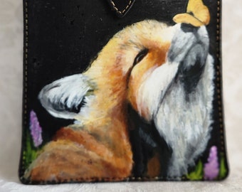 Cork Phone Crossbody Bag with hand painted portrait of Rosie the baby fox.