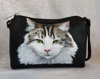 Mini Faux Leather Crossbody Purse hand painted portrait of Samantha the cat