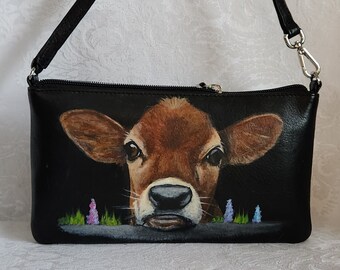 Wristlet Purse Baguette Clutch Convertible Wristlet Leather Hand Painted with Portrait of Eloise the baby cow..