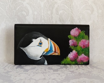 Leather Checkbook Cover with Clare the Puffin Handpainted