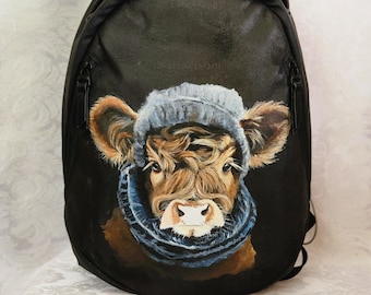 Hand Painted Sherpani Avalon Backpack Daypack with Hand Painted Portrait of Grace a Highland Calf