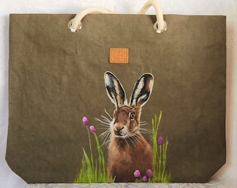 Tote Bag Grocery Bag Vegan Recycled Paper Pulp Market Bag Hand Painted Painting of Rose the Hare