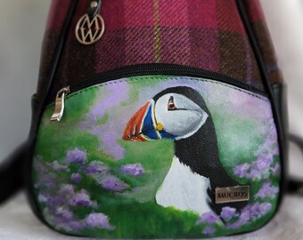 Irish Tweed Backpack Leather Tweed Hand Painted with Irish Puffin Ireland Muckros Weavers