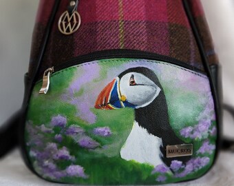 REDUCED Backpack Leather Tweed Hand Painted with Irish Puffin Ireland Muckros Weavers