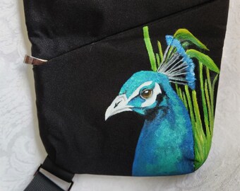 Slim Crossbody Travel Bag with hand painted portrait of Oscar the Peacock