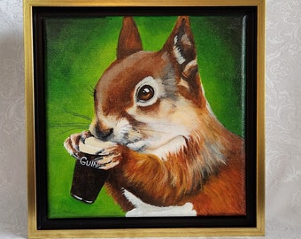 8"x8" Acrylic Painting of 'Arthur a Beer Drinking Squirrel'.  Framed in a Gold Floater frame