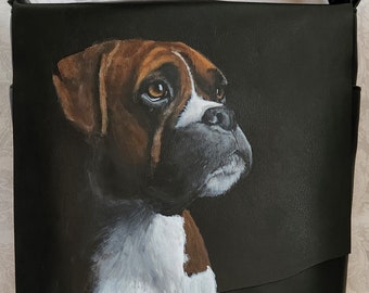 REDUCED Leather Crossbody Purse Tablet iPad Bag with Eddie the Boxer hand painted