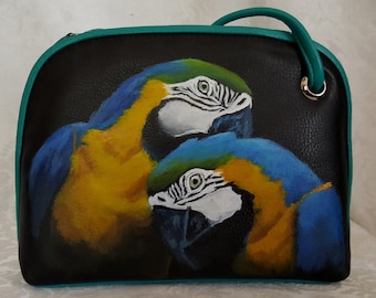 Leather Crossbody Purse with Fred & Ethel the Macaw Parrots hand painted