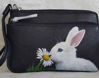 Custom Hand Painted Leather Wristlet Clutch Touchscreen Mesh Pocket with a Portrait of YOUR Pet