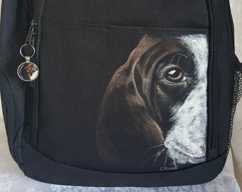 Hand painted Backpack - Hand Painted Portrait of Darcy a German Short Haired Pointer- Black Laptop Backpack