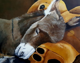 Original Painting 'Baby Larry' the donkey and his stuffed bear 16"x 16"