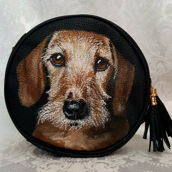 REDUCED Circular Purse Hand Painted with Archie, a wired hair Dachshund