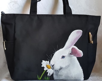 Tote Bag Zippered Top hand painted with portrait of Sam the Bunny