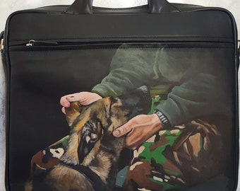 Leather Briefcase hand painted with Military German Shepherd Grace Padded Laptop Case