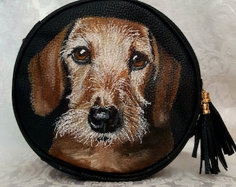 Circular Purse Hand Painted with Archie, a wired hair Dachshund