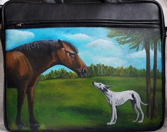 Custom Painted Leather Briefcase with YOUR Pet's Portrait