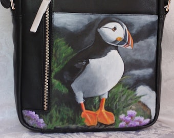 ili Leather City Messenger Bag with 'Sean' the Puffin hand painted