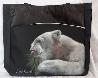Zip Close Canvas Tote Bag hand painted portrait of Chloe the Polar Bear