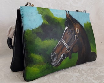 Custom Handpainted Leather Crossbody Wristlet Three Compartment Clutch with YOUR Pet's Portrait