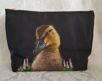 Cosmetic Pouch, Nylon Makeup Bag, Travel Bag, Waterproof Toiletry Organizer,Portable Pencil Case Hand painted with Darla, baby duck